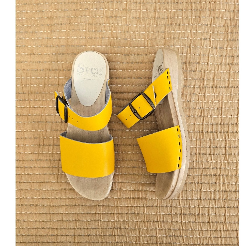 Sven Original Yellow Leather Wooden Clog Sandals Buckle Strap Women 39 USA Made